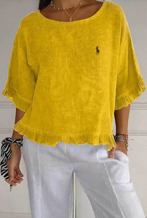 Saldi 🔥Camicia in lino con volant e scollo rotondo da donna Ralph Lauren