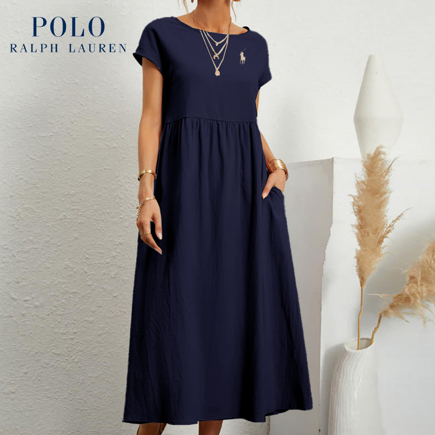 [Ralph Lauren] Robe ample en coton et lin, manches courtes, couleur unie, avec poches, col rond et plis
