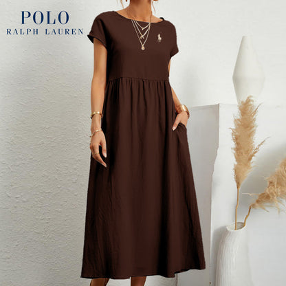 [Ralph Lauren] Robe ample en coton et lin, manches courtes, couleur unie, avec poches, col rond et plis