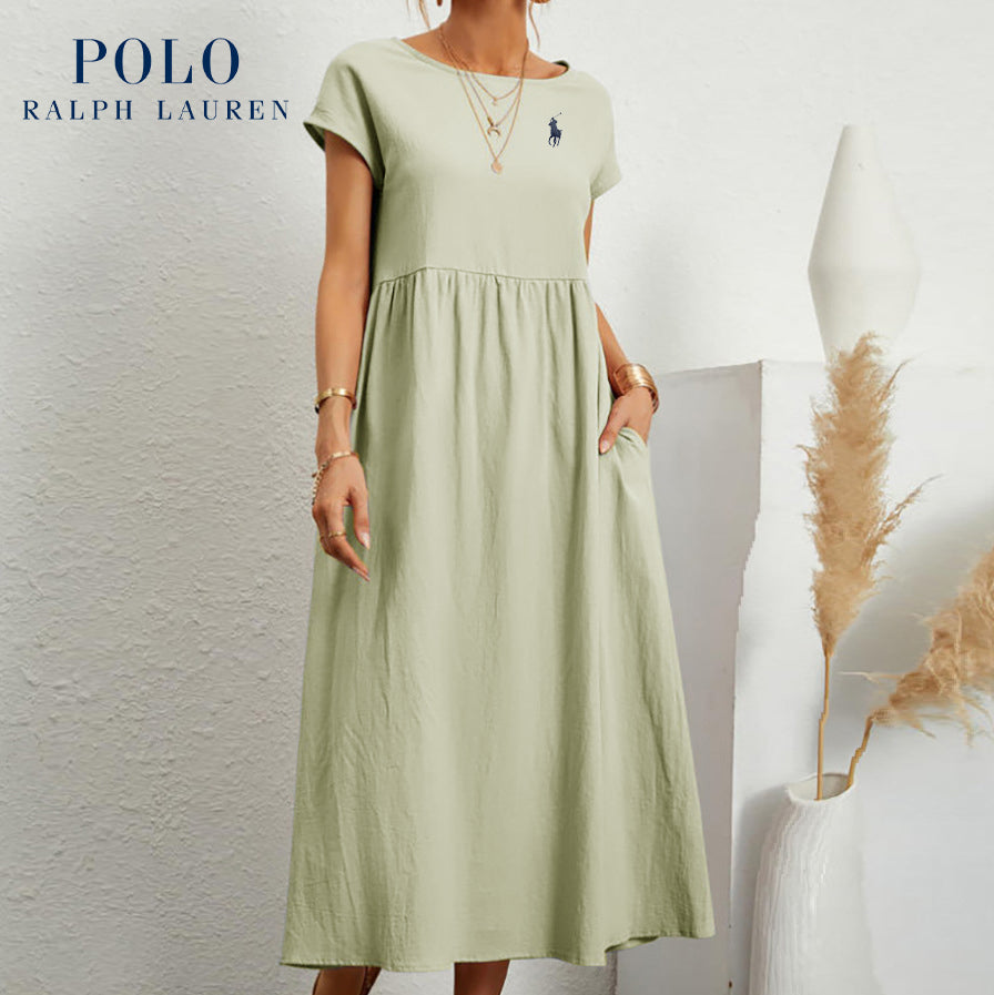 [Ralph Lauren] Robe ample en coton et lin, manches courtes, couleur unie, avec poches, col rond et plis