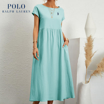 [Ralph Lauren] Robe ample en coton et lin, manches courtes, couleur unie, avec poches, col rond et plis