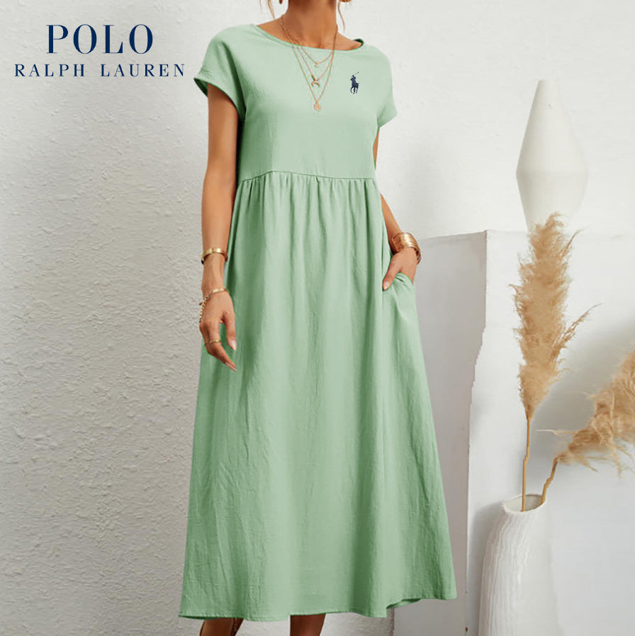 [Ralph Lauren] Robe ample en coton et lin, manches courtes, couleur unie, avec poches, col rond et plis