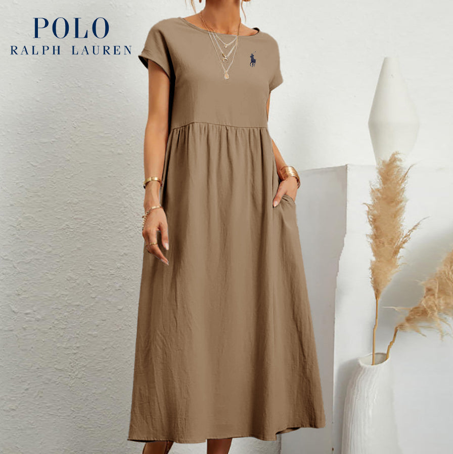 [Ralph Lauren] Robe ample en coton et lin, manches courtes, couleur unie, avec poches, col rond et plis