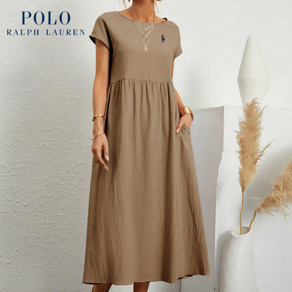 [Ralph Lauren] Robe ample en coton et lin, manches courtes, couleur unie, avec poches, col rond et plis