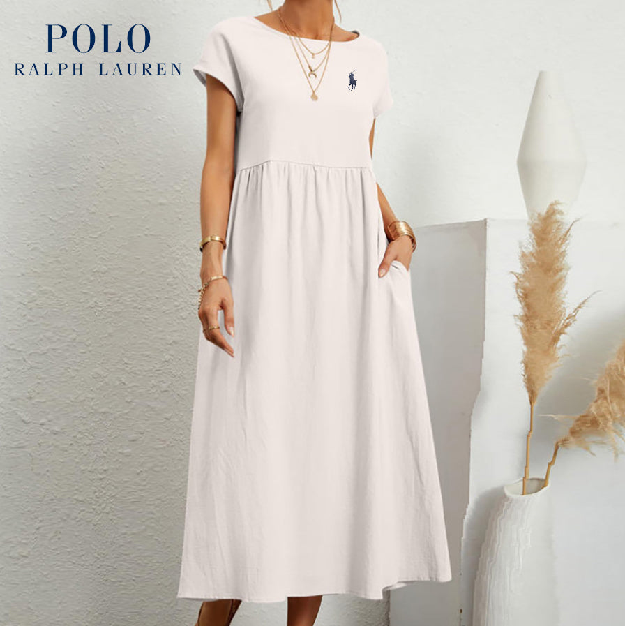[Ralph Lauren] Robe ample en coton et lin, manches courtes, couleur unie, avec poches, col rond et plis