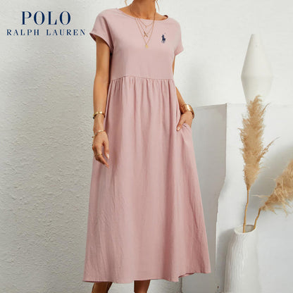 [Ralph Lauren] Robe ample en coton et lin, manches courtes, couleur unie, avec poches, col rond et plis