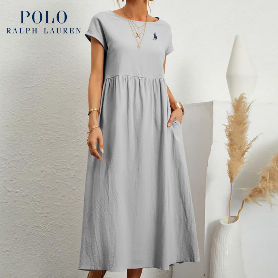 [Ralph Lauren] Robe ample en coton et lin, manches courtes, couleur unie, avec poches, col rond et plis