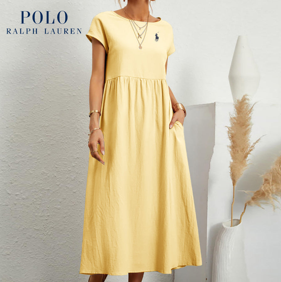 [Ralph Lauren] Robe ample en coton et lin, manches courtes, couleur unie, avec poches, col rond et plis