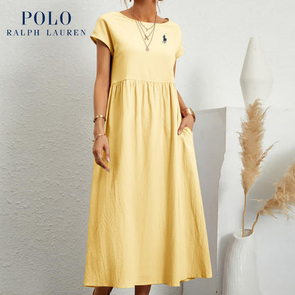 [Ralph Lauren] Robe ample en coton et lin, manches courtes, couleur unie, avec poches, col rond et plis