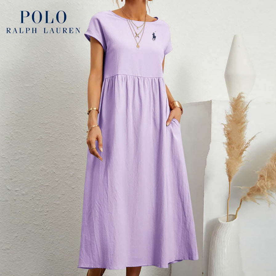 [Ralph Lauren] Robe ample en coton et lin, manches courtes, couleur unie, avec poches, col rond et plis