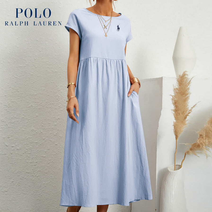 [Ralph Lauren] Robe ample en coton et lin, manches courtes, couleur unie, avec poches, col rond et plis