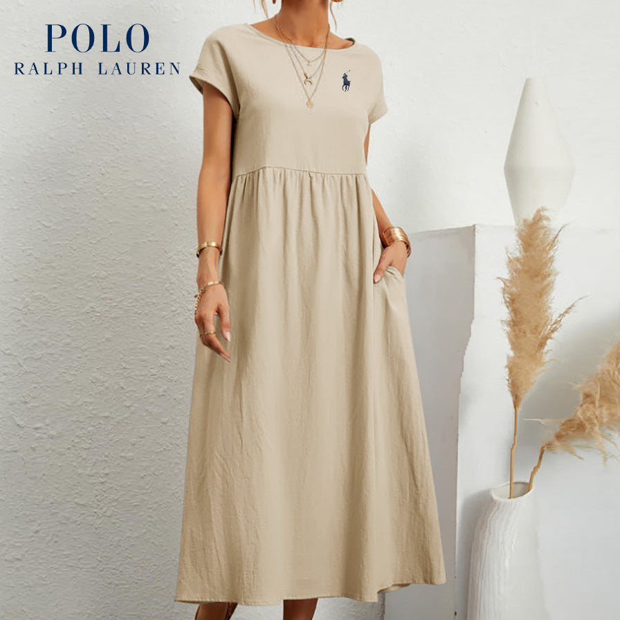 [Ralph Lauren] Robe ample en coton et lin, manches courtes, couleur unie, avec poches, col rond et plis
