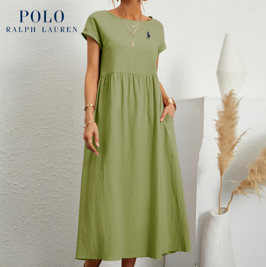[Ralph Lauren] Robe ample en coton et lin, manches courtes, couleur unie, avec poches, col rond et plis