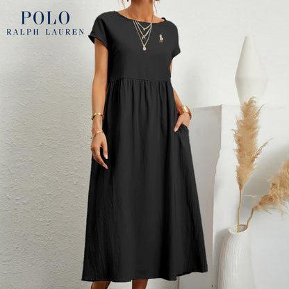 [Ralph Lauren] Robe ample en coton et lin, manches courtes, couleur unie, avec poches, col rond et plis