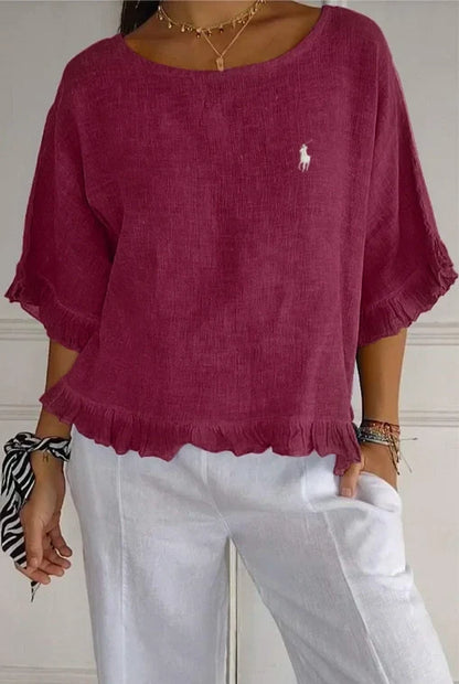 Saldi 🔥Camicia in lino con volant e scollo rotondo da donna Ralph Lauren