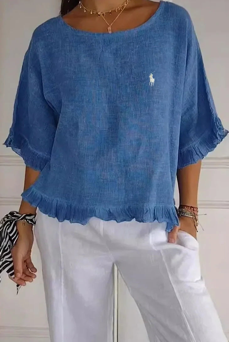 Saldi 🔥Camicia in lino con volant e scollo rotondo da donna Ralph Lauren