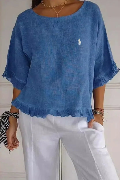 Saldi 🔥Camicia in lino con volant e scollo rotondo da donna Ralph Lauren
