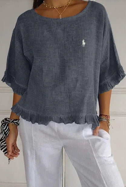 Saldi 🔥Camicia in lino con volant e scollo rotondo da donna Ralph Lauren