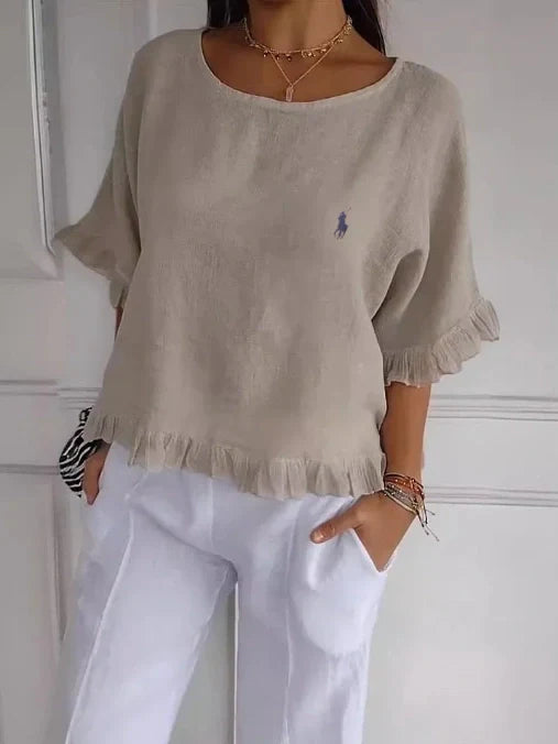 Saldi 🔥Camicia in lino con volant e scollo rotondo da donna Ralph Lauren