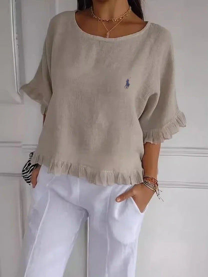 Saldi 🔥Camicia in lino con volant e scollo rotondo da donna Ralph Lauren